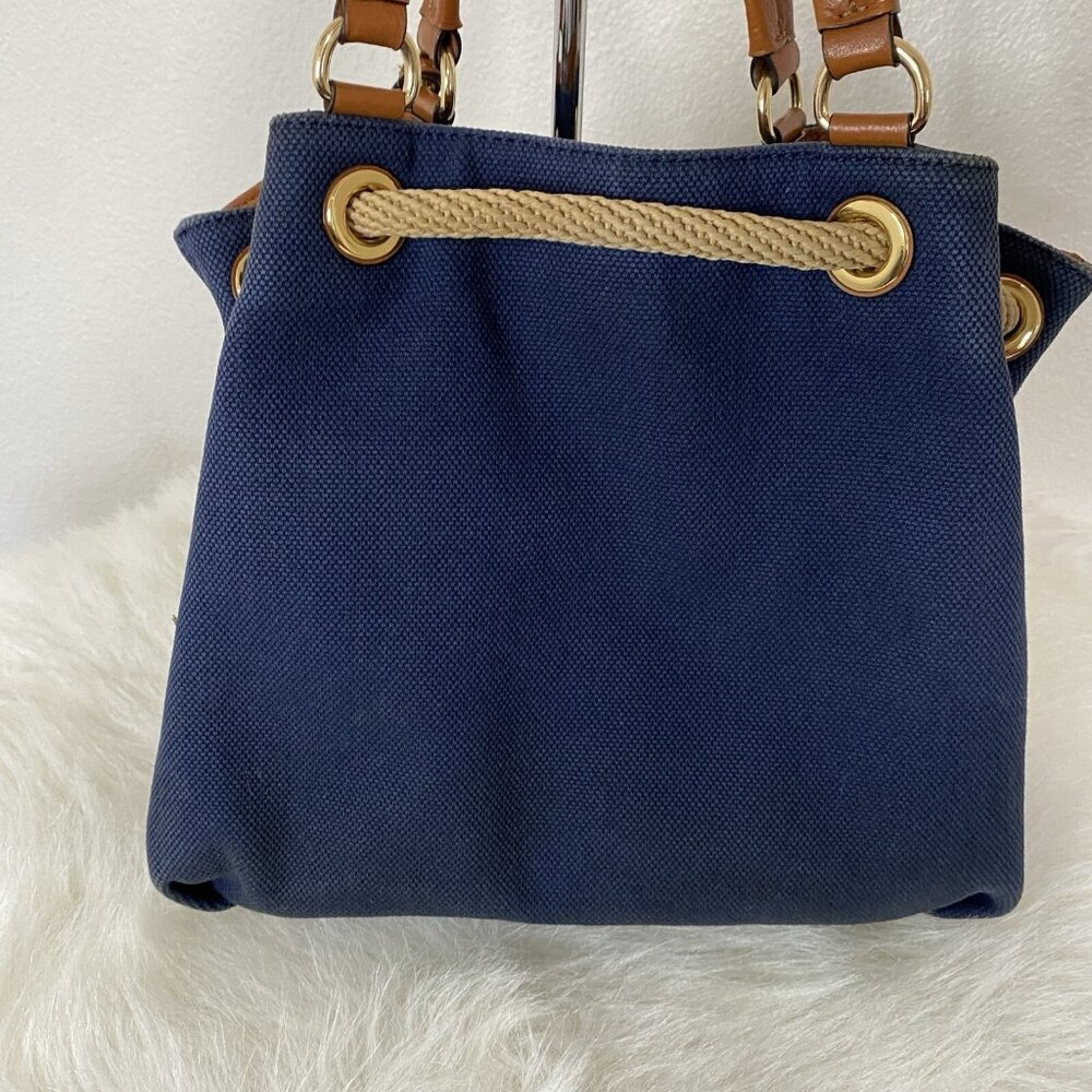 Michael Kors Marina Purse Navy Blue Canvas Brown Leather Tote Bag Bucket Bag - Picture 5 of 16